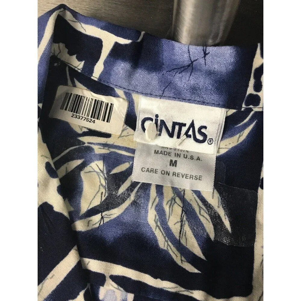 Cintas Hawaiian Aloha Shirt Mens Medium Tapa Print Navy White Luau